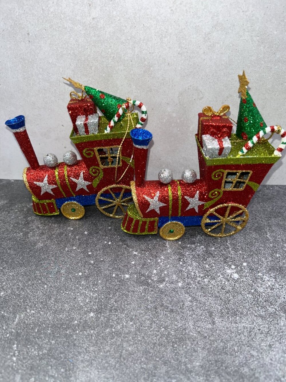 Vintage Pier One Pier 1 Metal Glitter Christmas Train Ornaments Red Green Blue